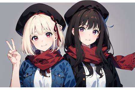(masterpiece:1.2), best quality,pixiv,Chisato and Takina,2girls,inoue takina, multiple girls, 2girls, short hair, hat, scarf, jacket, long hair, black hair, upper body, smile, red eyes, white hair, nishikigi chisato, bangs, shirt, brown hair, beret, white shirt, closed mouth, looking at another, letterboxed, open jacket, denim jacket, antenna hair, open clothes, purple eyes, orange eyes <lora:Chisato and Takina_20230821120834:1>