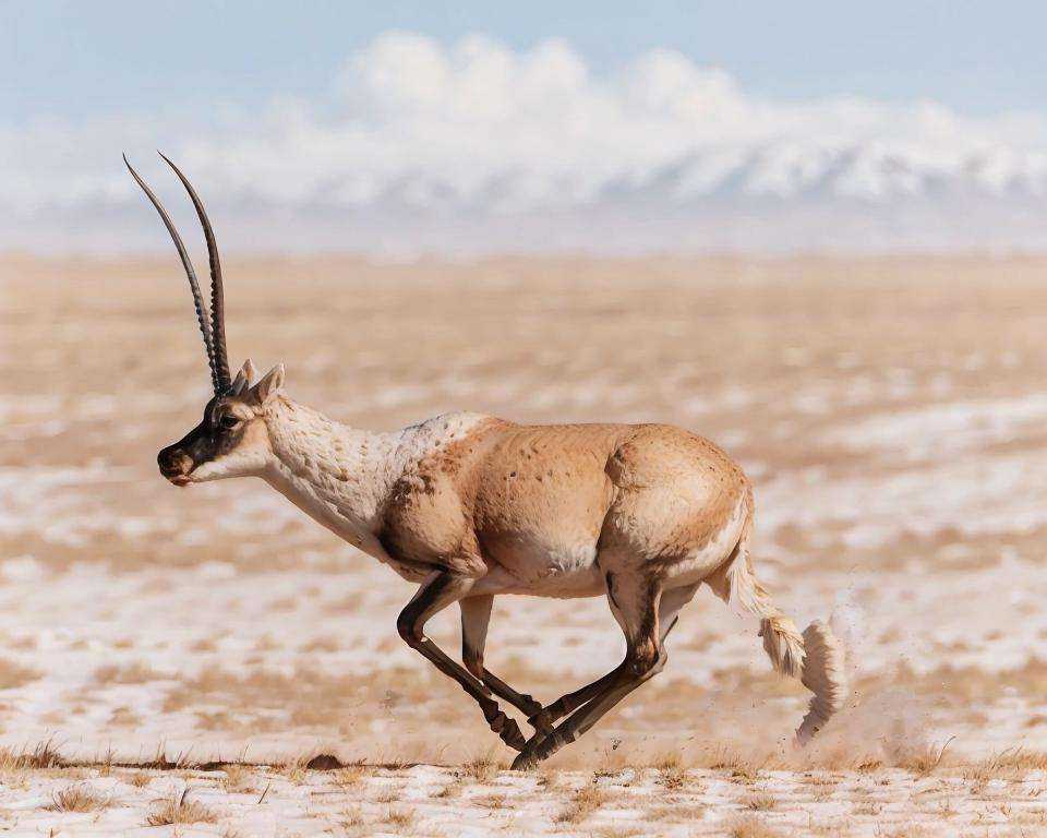 (no humans), masterpiece, photorealistic, best quality, 8k,  (((running))) ***** antelope, realistic, horns, solo, animal, outdoors, sky, field, full body, snow, bokeh, <lora:*****_antelope_v1-000015:0.67>