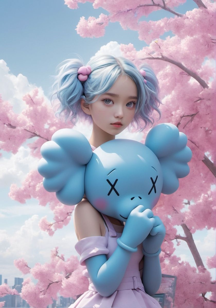 masterpiece,best quality,good shine,OC rendering,best quality,4K,super detail,1girl,((full body)),anime style,key visual,vibrant,studio anime,highly detailed,breathtaking,1 girl,The juxtaposition speaks to the blend of art,ambition,and the future,Ultra-realistic,16K resolution,(((KAWS))),XX eyes,award-winning,professional,highly detailed,