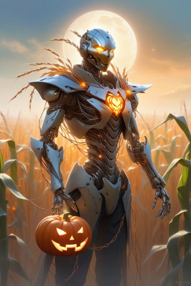 ethereal fantasy concept art of  cyborg style, a cyber scarecrow with a jack-o-lantern face standing in a corn field and wrapped in barbed wire, wires, circuitry, glow, science fiction, high quality, high resolution . magnificent, celestial, ethereal, painterly, epic, majestic, magical, fantasy art, cover art, dreamy