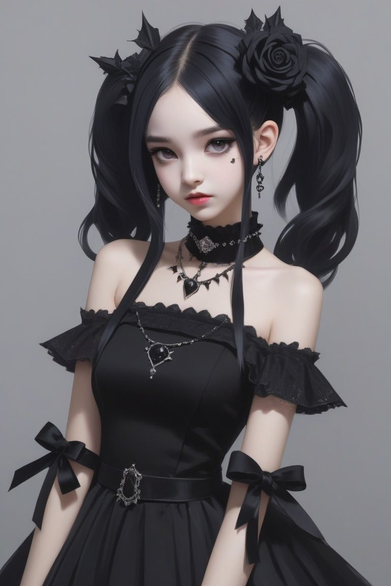 concept art portrait of a person wearing a costume, (16-year-old:1.4) anime girl wearing a black dress, dark elf princess, cutecore, dressed in crustpunk clothing, li zixin, spiked collar, black rose, taken in 2 0 2 0, bl, with black pigtails, young beautiful amouranth, ulzzang, h. u. d, album art, (perfect hands:1.3) . digital artwork, illustrative, painterly, matte painting, highly detailed