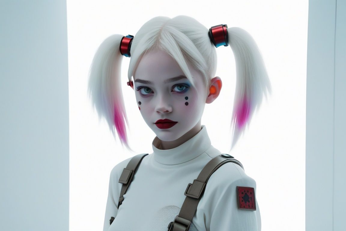 concept art harley quinn, movie still, ((cyberpunk all white room)), mackenzie foy, clown makeup, wearing cute outfit, ghost in a shell, in the style of jessica drossin, character, futuristic post-apocalyptic, cinematic, HDR, 8k* RAW photo, 8k uhd, film grain, highly detailed, intricate detailed textures, filmic, cinematic, environmental character portrait, masterpiece, (photorealistic:1.4), best quality, beautiful lighting 8K, Ultra HD, DSLR, chinese girl . digital artwork, illustrative, painterly, matte painting, highly detailed