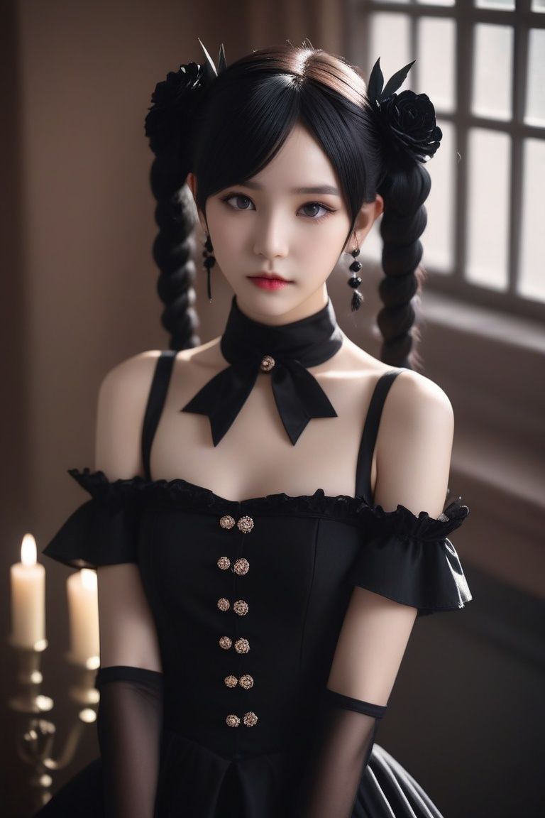 cinematic film still portrait of a person wearing a costume, (16-year-old:1.4) anime girl wearing a black dress, dark elf princess, cutecore, dressed in crustpunk clothing, li zixin, spiked collar, black rose, taken in 2 0 2 0, bl, with black pigtails, young beautiful amouranth, ulzzang, h. u. d, album art, (perfect hands:1.3) . shallow depth of field, vignette, highly detailed, high budget, bokeh, cinemascope, moody, epic, gorgeous, film grain, grainy