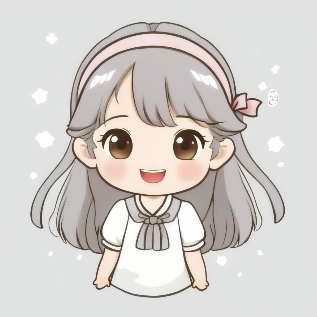 avatar cute, 1girl, solo, long hair, blush, smile, open mouth, bangs, simple background, shirt, hair ornament, ribbon, brown eyes, hair ribbon, white shirt, upper body, braid, ahoge, white hair, short sleeves, :d, hairclip, grey background, chibi, twin braids, sparkle