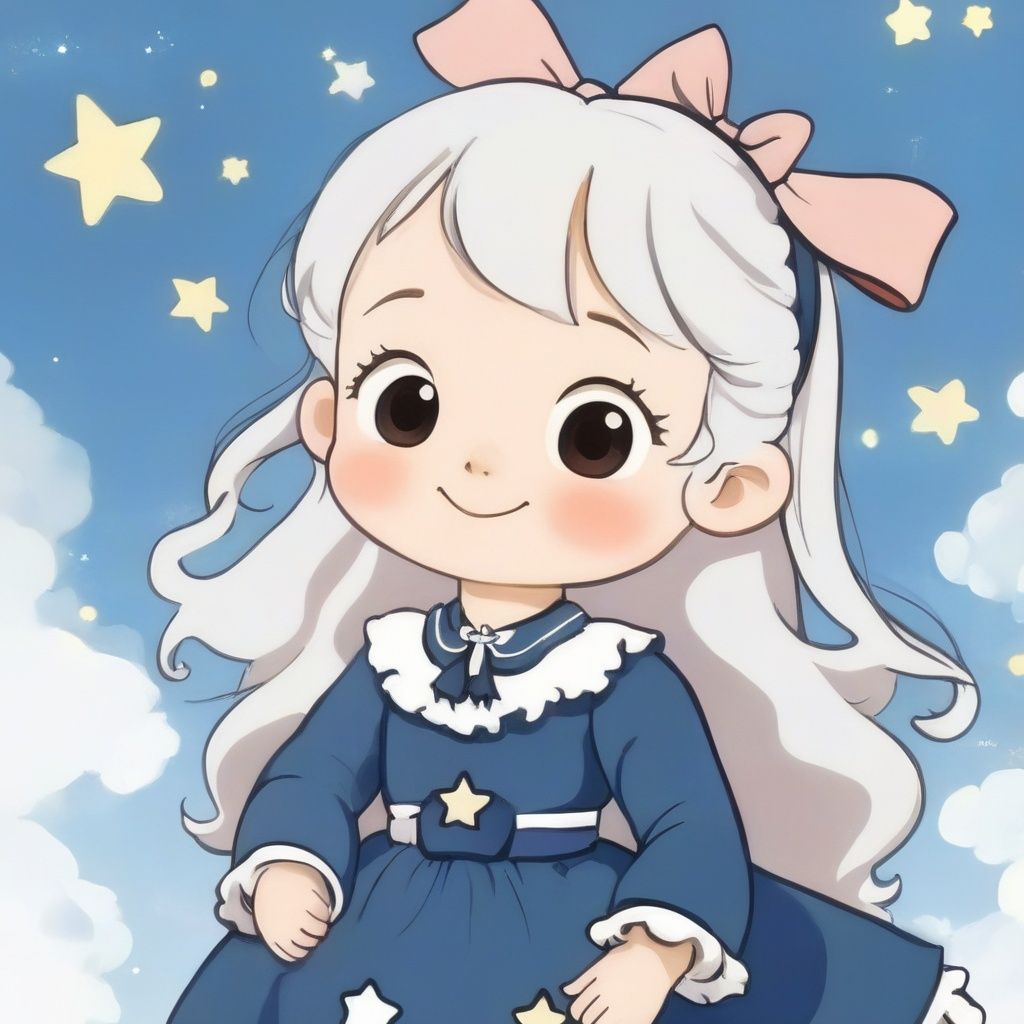 avatar cute, 1girl, solo, long hair, blush, smile, bangs, long sleeves, bow, ribbon, closed mouth, closed eyes, upper body, white hair, hair bow, hairband, star (symbol), blue dress, blue bow, facing viewer
