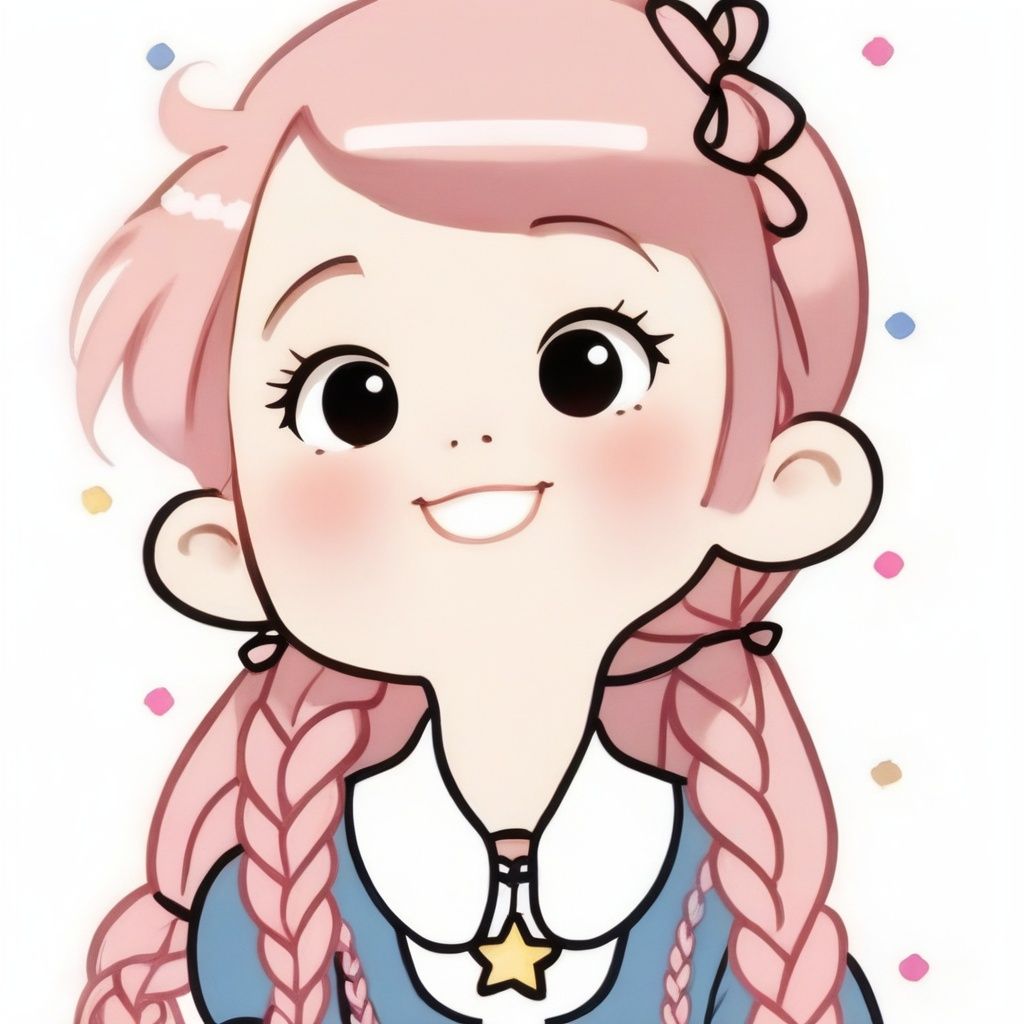 avatar cute, 1girl, solo, long hair, blush, smile, open mouth, bangs, simple background, shirt, white background, bow, closed eyes, upper body, pink hair, braid, :d, bowtie, star (symbol), twin braids, ^_^, pink bow, facing viewer