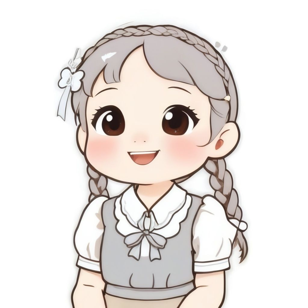 avatar cute, 1girl, solo, long hair, blush, smile, open mouth, bangs, simple background, shirt, hair ornament, ribbon, brown eyes, hair ribbon, white shirt, upper body, braid, ahoge, white hair, short sleeves, :d, hairclip, grey background, chibi, twin braids, sparkle