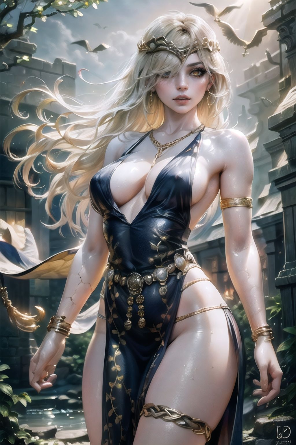QueenMarika_dress_aiwaifu,  blonde hair,  hair over one eye on Tensor.Art