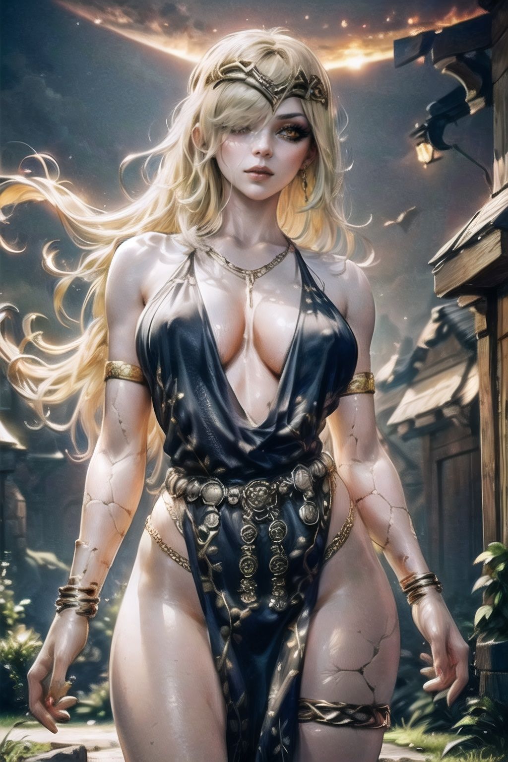 QueenMarika_dress_aiwaifu,  blonde hair,  hair over one eye on Tensor.Art