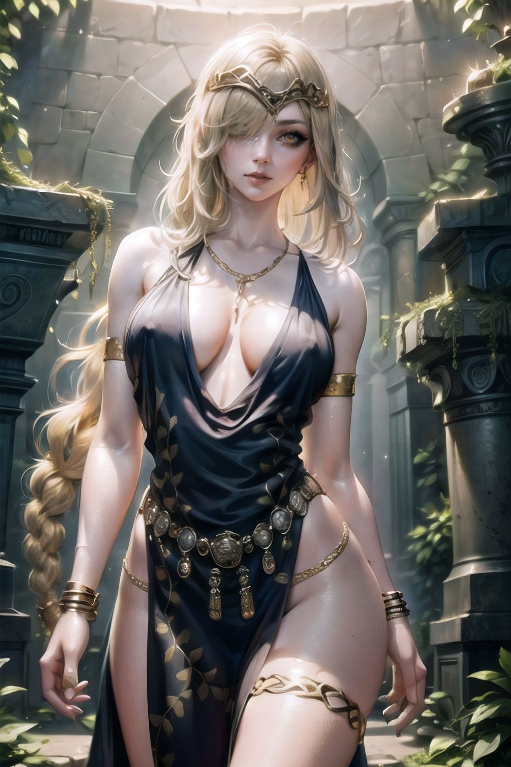 QueenMarika_dress_aiwaifu,  blonde hair,  hair over one eye on Tensor.Art
