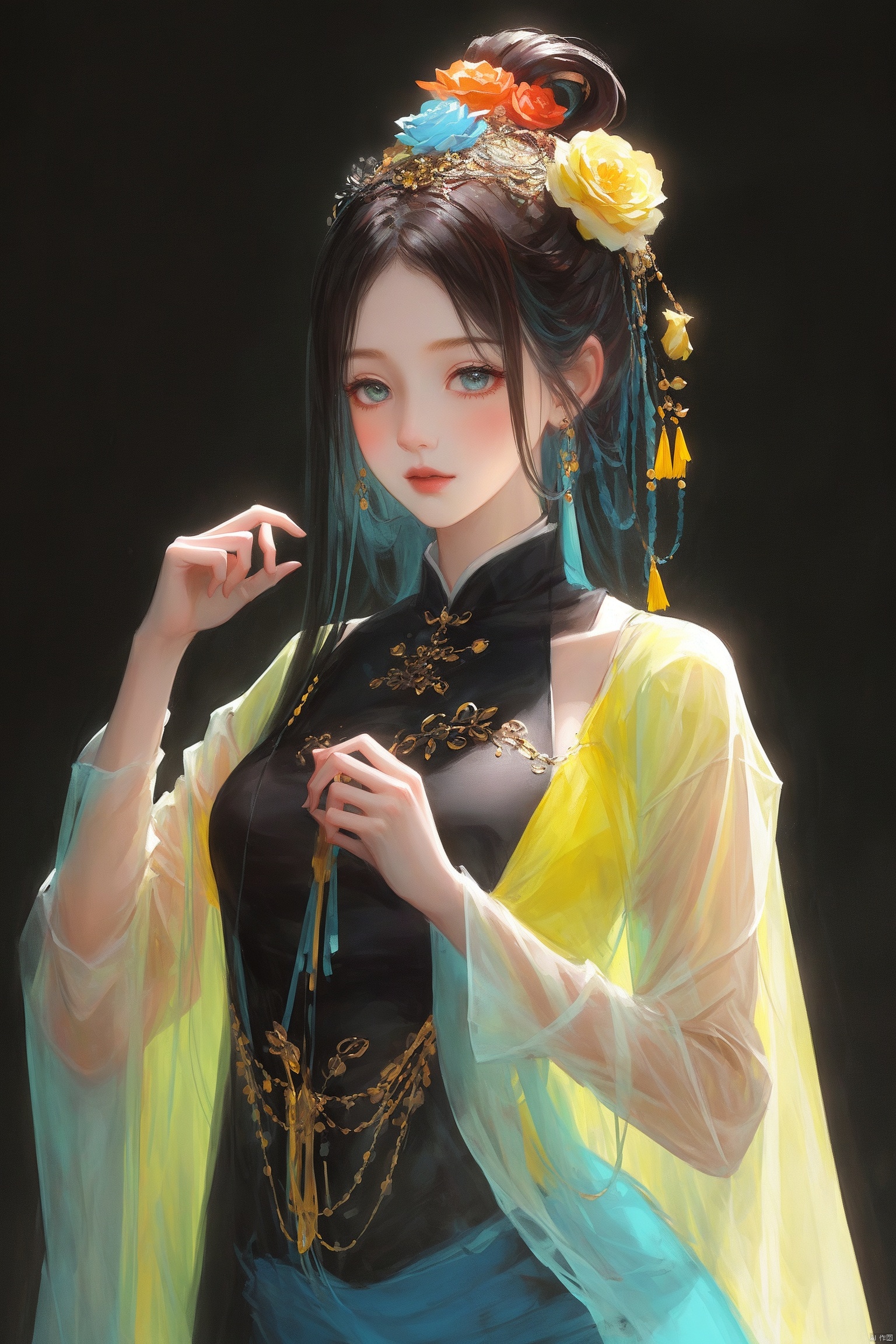  1girl, qingsha,,yellow blue theme,standing ,in the dark,simple background,upper body, looking at viewer,long colorful hair,(((masterpiece,best quality))),((good structure,Good composition,good atomy)), ((clear, original,beautiful)),