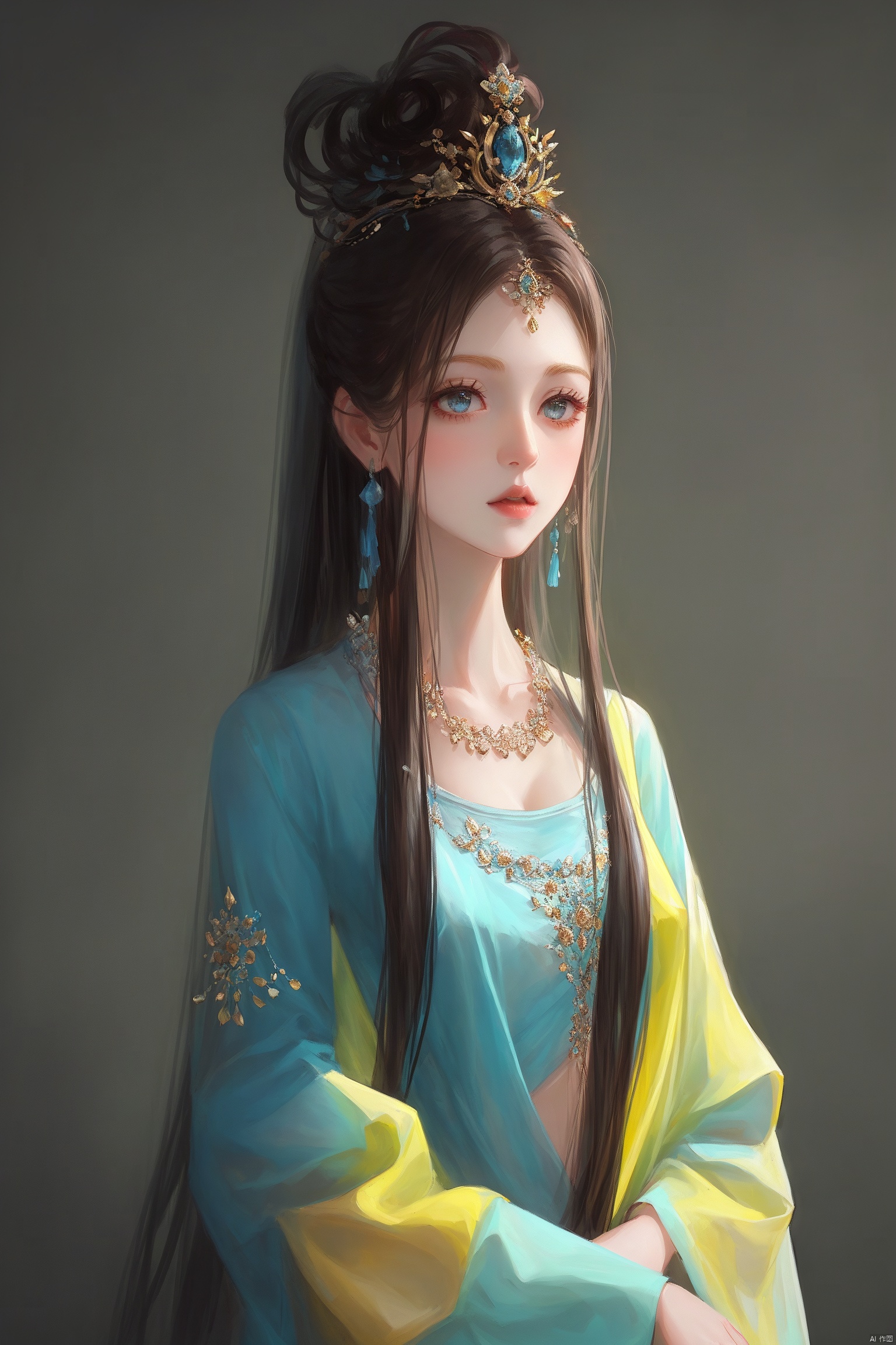  1girl, qingsha,,yellow blue theme,standing ,in the dark,simple background,upper body, looking at viewer,long colorful hair,(((masterpiece,best quality))),((good structure,Good composition,good atomy)), ((clear, original,beautiful)),