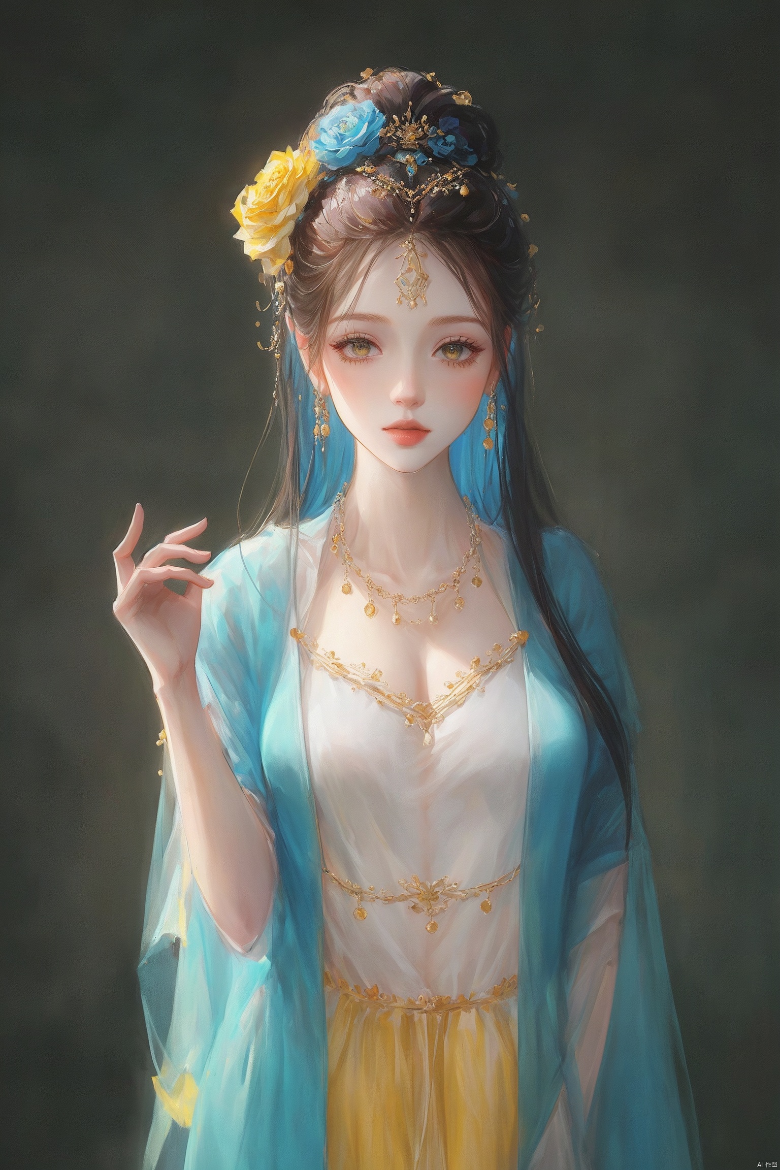  1girl, qingsha,,yellow blue theme,standing ,in the dark,simple background,upper body, looking at viewer,long colorful hair,(((masterpiece,best quality))),((good structure,Good composition,good atomy)), ((clear, original,beautiful)),