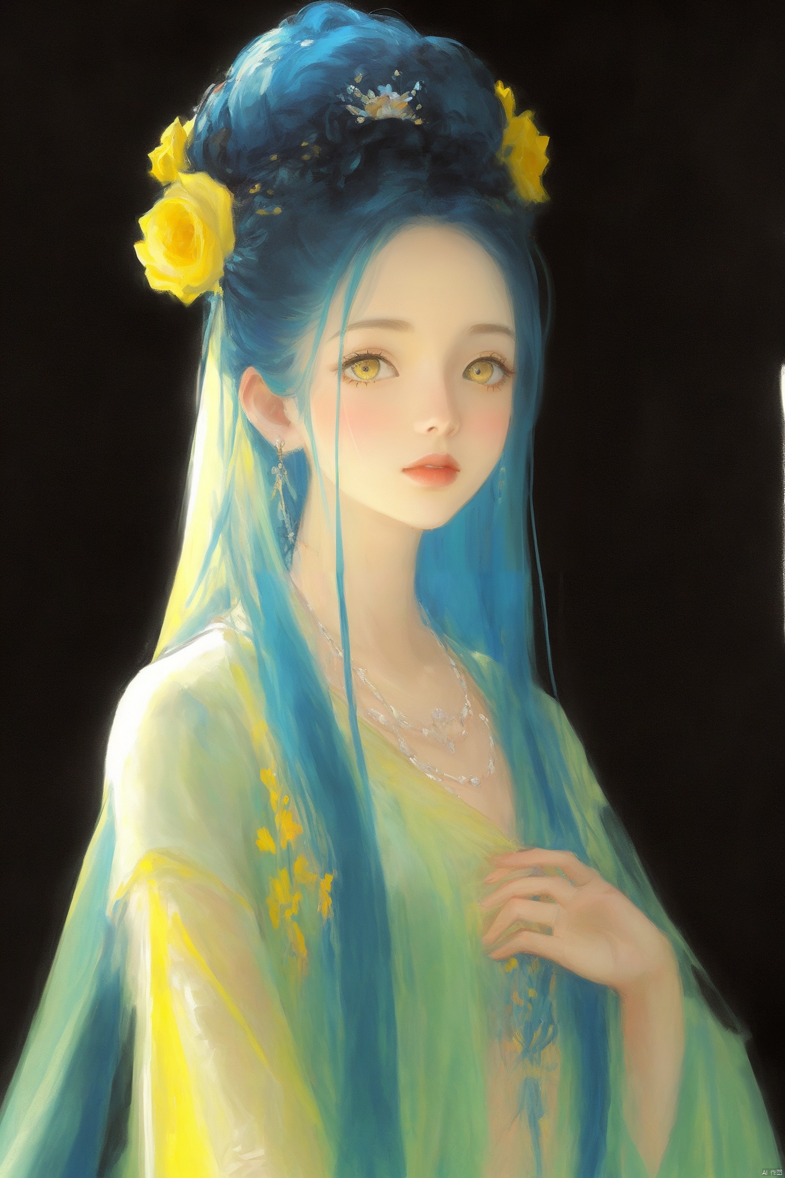  1girl, qingsha,,yellow blue theme,standing ,in the dark,simple background,upper body, looking at viewer,long colorful hair,(((masterpiece,best quality))),((good structure,Good composition,good atomy)), ((clear, original,beautiful)),