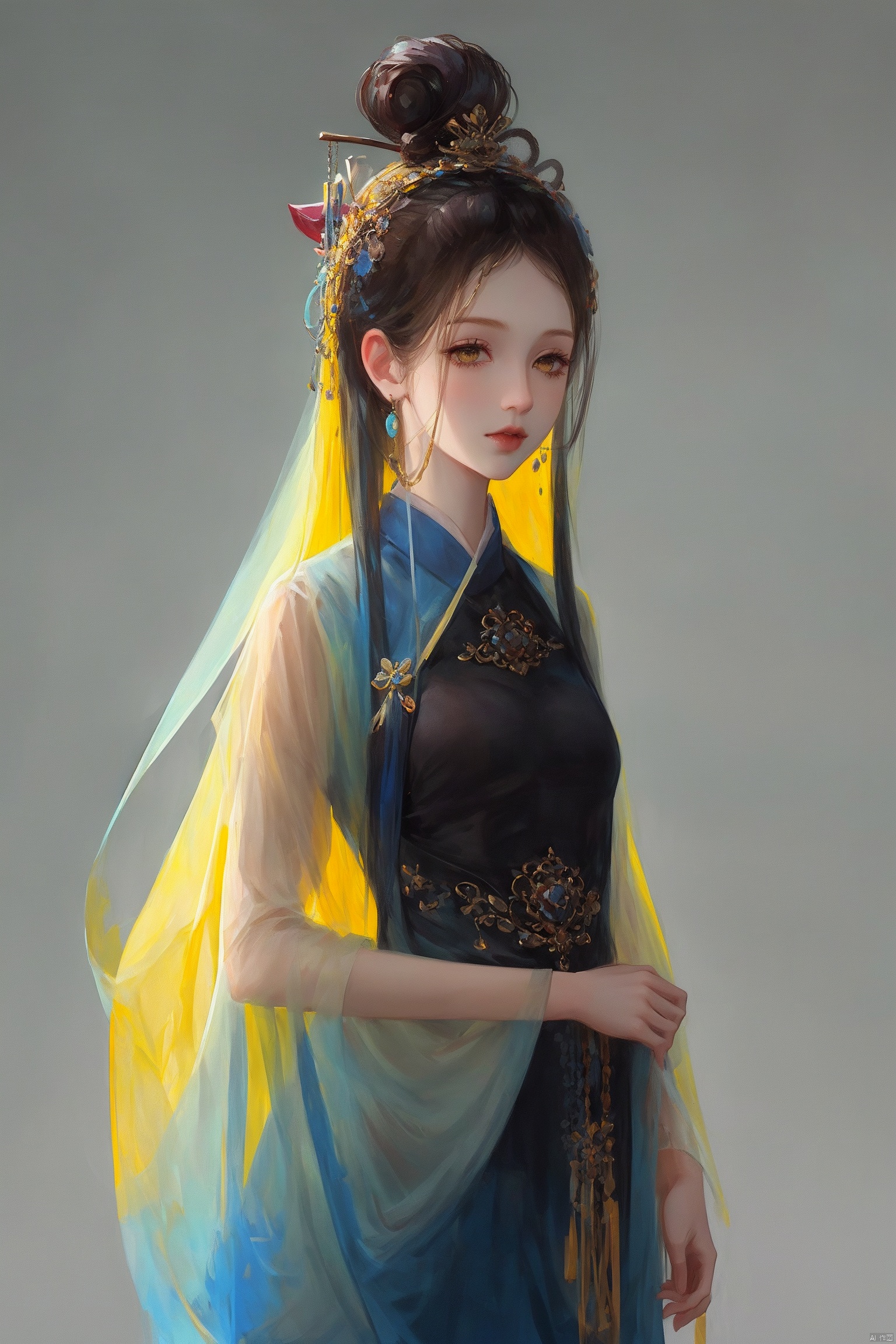  1girl, qingsha,,yellow blue theme,standing ,in the dark,simple background,upper body, looking at viewer,long colorful hair,(((masterpiece,best quality))),((good structure,Good composition,good atomy)), ((clear, original,beautiful)),