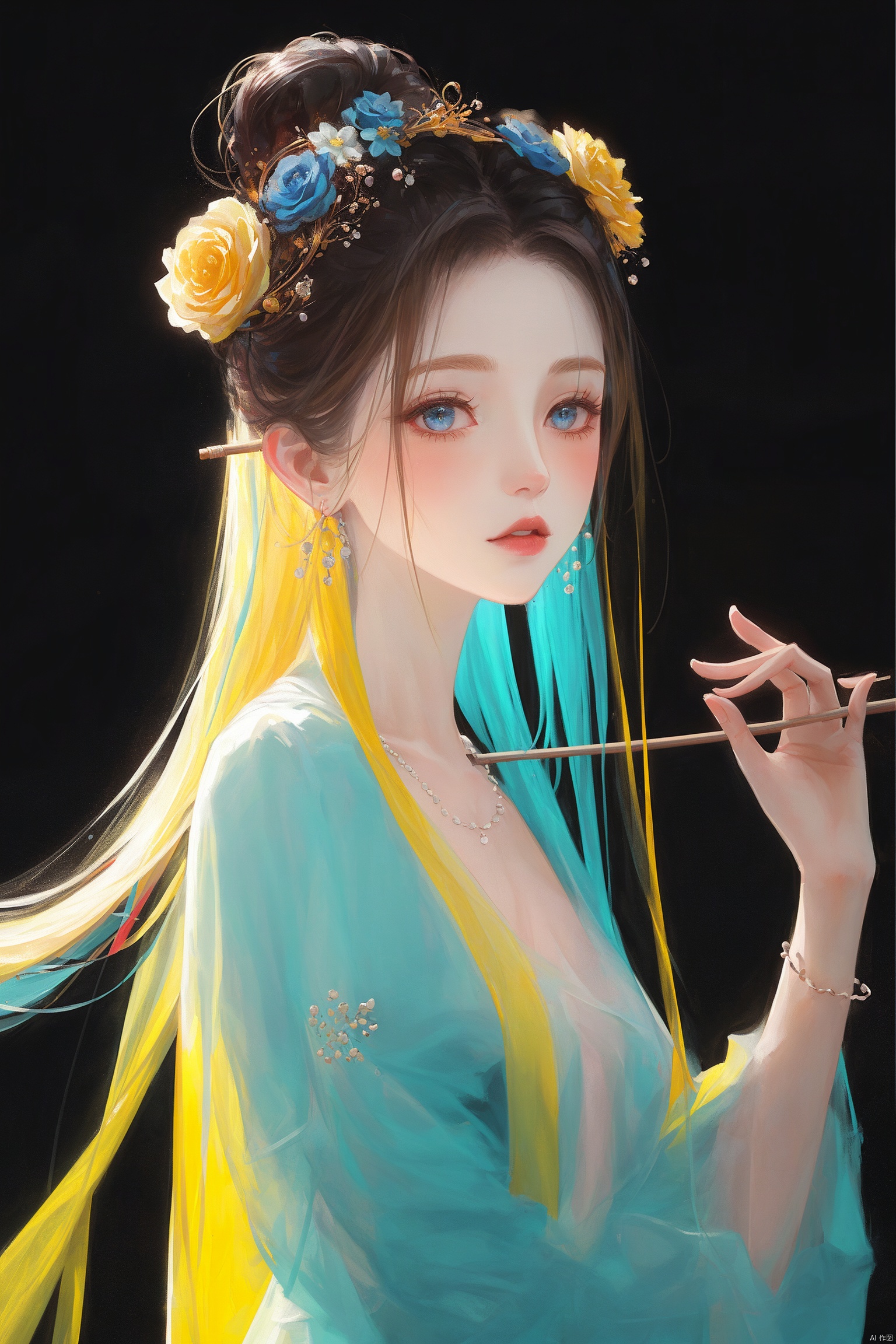  1girl, qingsha,,yellow blue theme,standing ,in the dark,simple background,upper body, looking at viewer,long colorful hair,(((masterpiece,best quality))),((good structure,Good composition,good atomy)), ((clear, original,beautiful)),