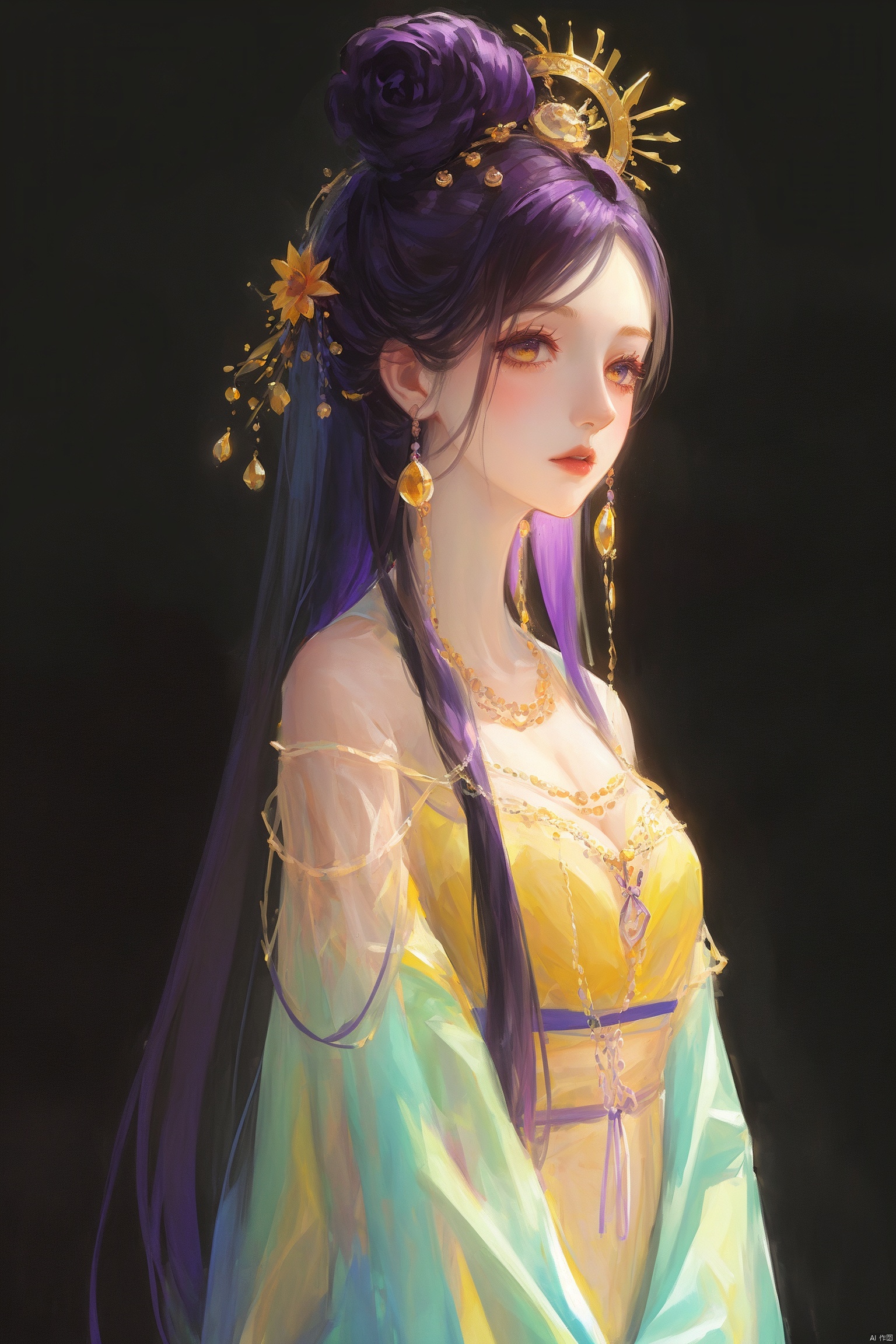  1girl, qingsha,,purple yellow theme,standing ,in the dark,simple background,upper body, looking at viewer,long colorful hair,(((masterpiece,best quality))),((good structure,Good composition,good atomy)), ((clear, original,beautiful)),