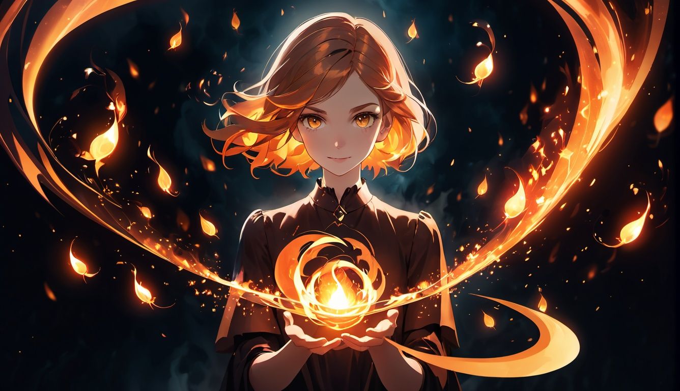 1girl holding fire, magical, abstract, dark, swirling lights, bloom, floating object, looking at viewer, realistic, solo, trending on Instagram, trending on Pinterest,