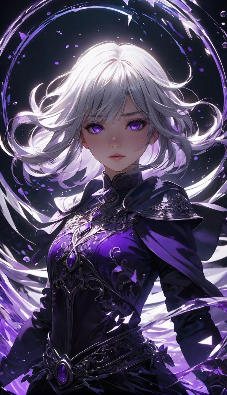(masterpiece, best quality, ultra-detailed, best shadow), (detailed background,dark fantasy), (beautiful detailed face), high contrast, (best illumination, an extremely delicate and beautiful), ((cinematic light)), colorful, hyper detail, dramatic light, intricate details, (1girl, solo,white hair, sharp face,purple eyes, hair between eyes,dynamic angle), blood splatter, swirling black light around the character, depth of field,black light particles,(broken glass),magic circle, full body,