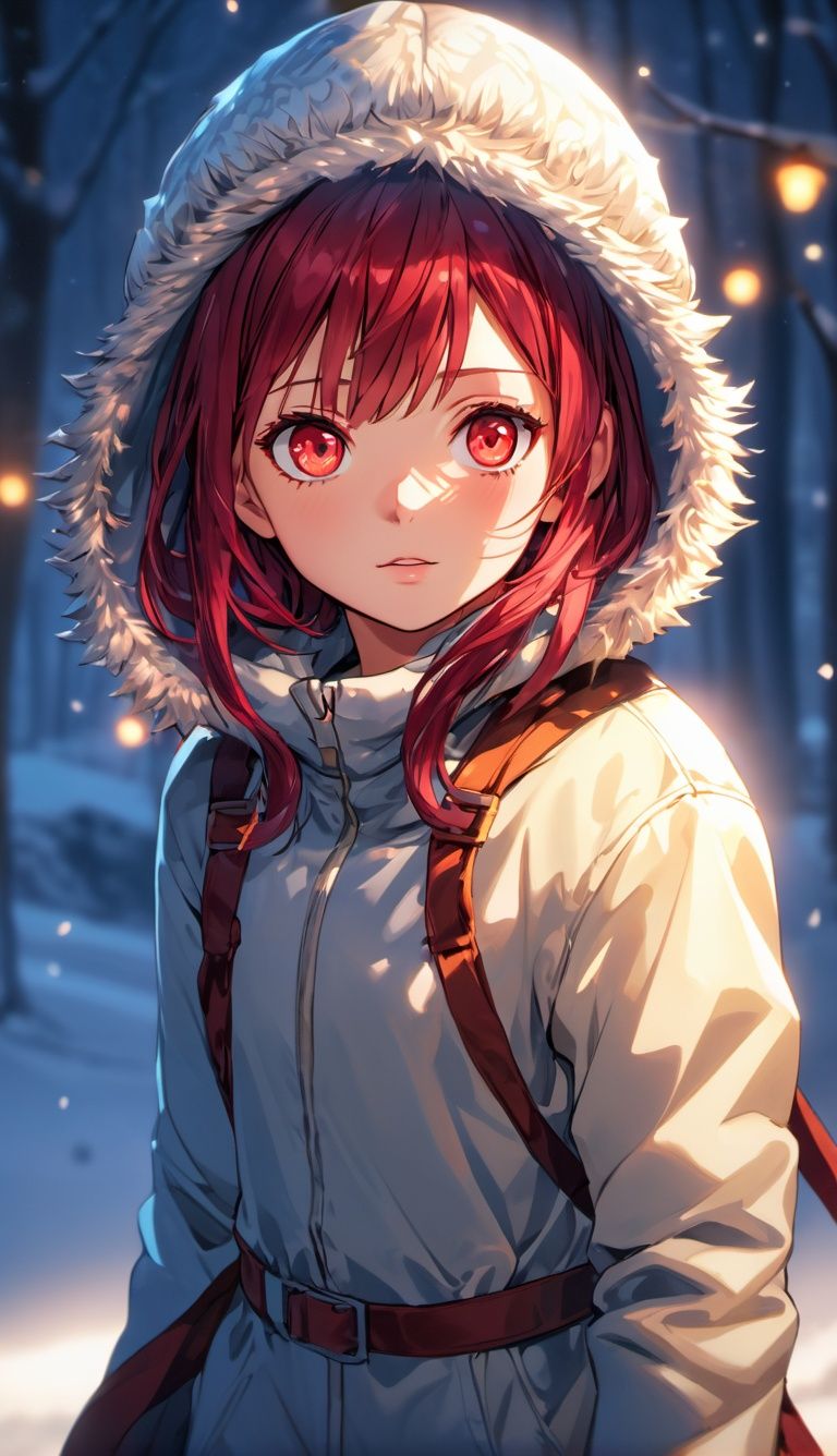 (best quality:1.3),masterpiece,beautiful detailed glow,textile shading,absurdres,highres,dynamic lighting,intricate detailed,beautiful eyes,(1girl, solo:1.5),(pov),bangs,scarlet hair,burgundy eyes,(proud),(one-piece),(backlighting),(face lighting),(looking of viewer),(Winter)