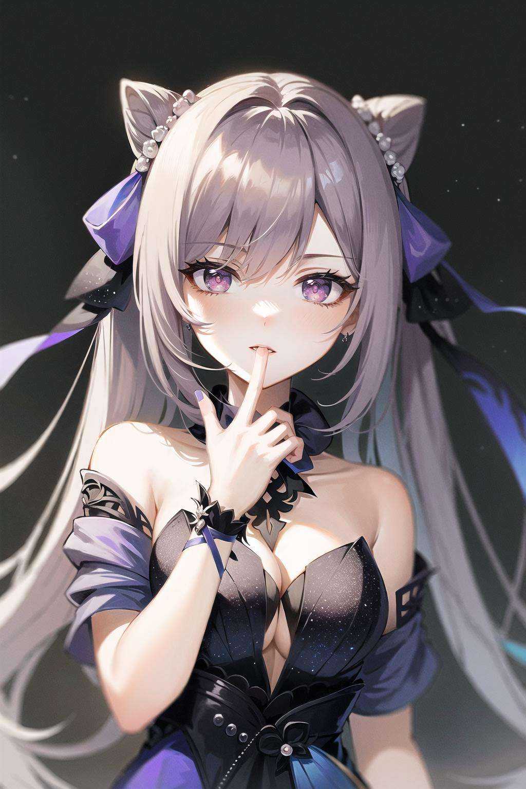 masterpiece, best quality,  absurdres, looking at viewer, solo, keqing (opulent splendor) (genshin impact), official alternate costume, 1girl, keqing (genshin impact), solo, purple hair, dress, long hair, looking at viewer, hair bun, twintails, breasts, bare shoulders, purple eyes, strapless, black dress, bangs, purple nails, strapless dress, cone hair bun, nail polish, ribbon, parted lips, double bun, upper body, diamond-shaped pupils, symbol-shaped pupils, cleavage, bow, black background, hair ribbon, diamond (shape), detached collar, hand up, hair ornament