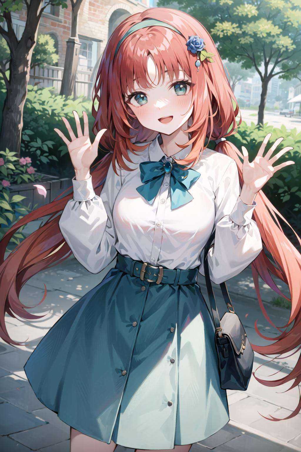 (Realistic painting style:0.9), masterpiece, best quality,  absurdres, nilou (genshin impact), 1girl, purple flower, skirt, flower, solo, frills, long hair, bangs, long sleeves, red hair, smile, parted bangs, hair flower, petals, looking at viewer, shirt, blue skirt, outdoors, brooch, twintails, hair ornament, white shirt, hairband, nail polish, alternate costume, floral print, bag, aqua eyes, open mouth, :d, blush, frilled sleeves, bow, falling petals, hand up, frilled hairband, blue gemstone, holding, blue bow, puffy long sleeves, very long hair, frilled skirt, frilled shirt, handbag, gem, waving, belt, jewelry, low twintails, bowtie, tree, contemporary, cowboy shot, clothing cutout, day, floating hair, braid, shoulder cutout, puffy sleeves, breasts, blue hairband, blue bowtie, light, green eyes<lora:nilou_1024_Lion_dim64_kohyaLoRA_fp32_3e-2noise_token2_20-3-2023:1>