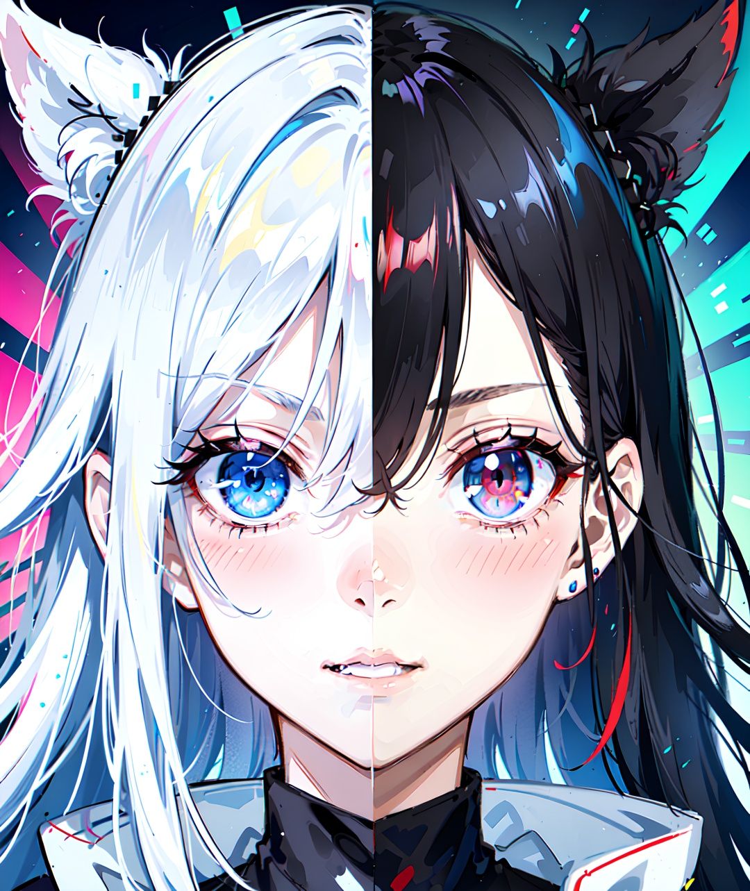 Face close-up +1 girl with long black hair +(different colored pupil + left eye red pupil + right eye blue pupil :1.2)+ smile + cute + Extremely high resolution +8k