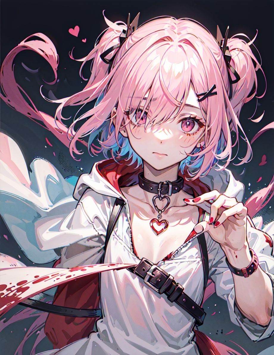 ((cute boy)),1boy,solo,short boy,(solo focus), otoko no ko,pink hair, pink eyes,((very short hair)),((hair over one eyes)),((hair two side up)),hair ribbon,flat chest, black nails, blood, blood from mouth, blood on clothes, blood on face, collar, collarbone, fingerless gloves, hair ornament, hairclip, heart, hood, hoodie, looking at viewer, male focus, nail polish, red nails, masterpiece, best quality