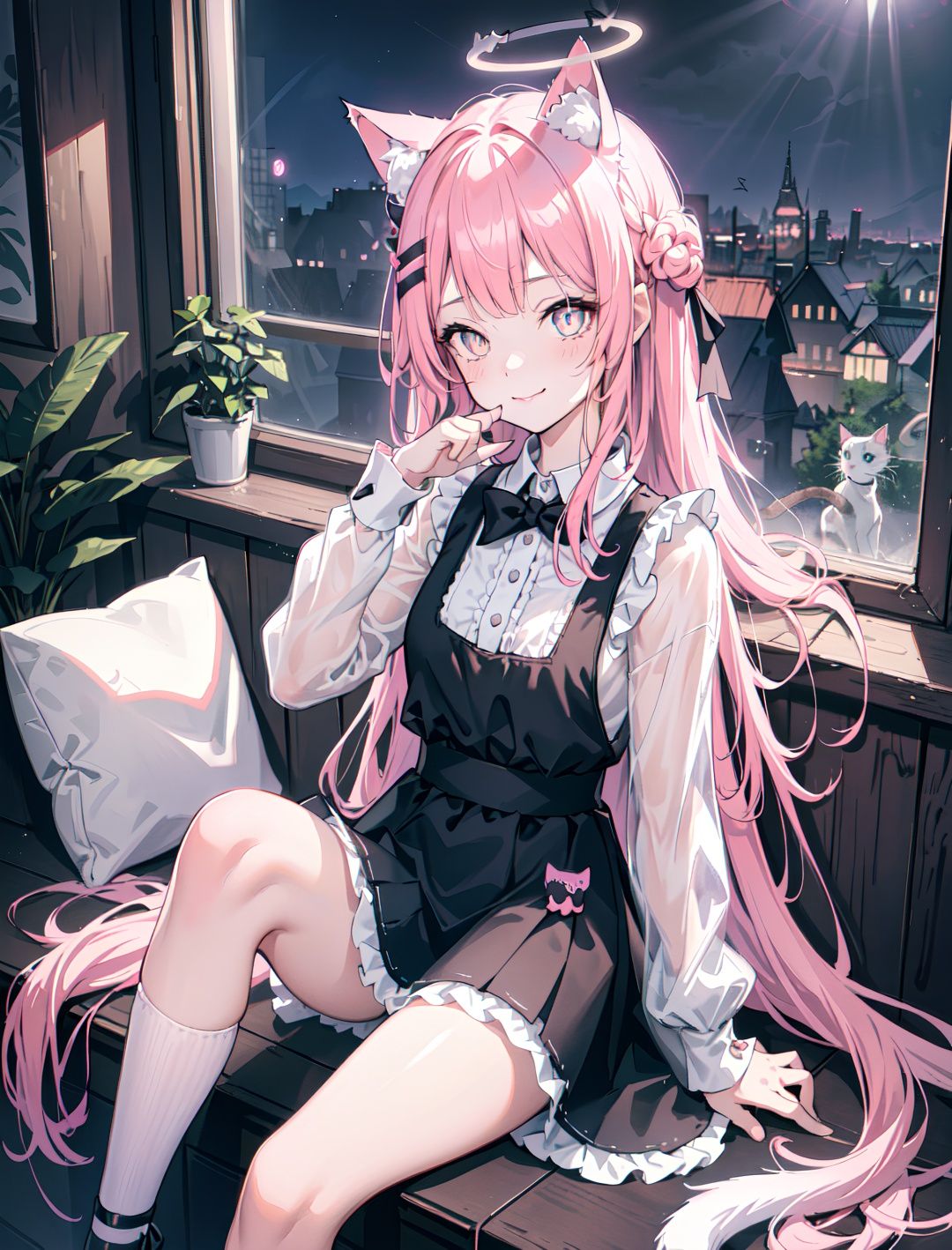 Extremely high resolution +1 girl + cat ears + delicate pupils and nose + cat claw posture + selling cute + sitting on the ground + colorful long hair + girl's room +8k+ lens halo +/+ night + moonlight lighting the window + Smile + best quality + cat tail