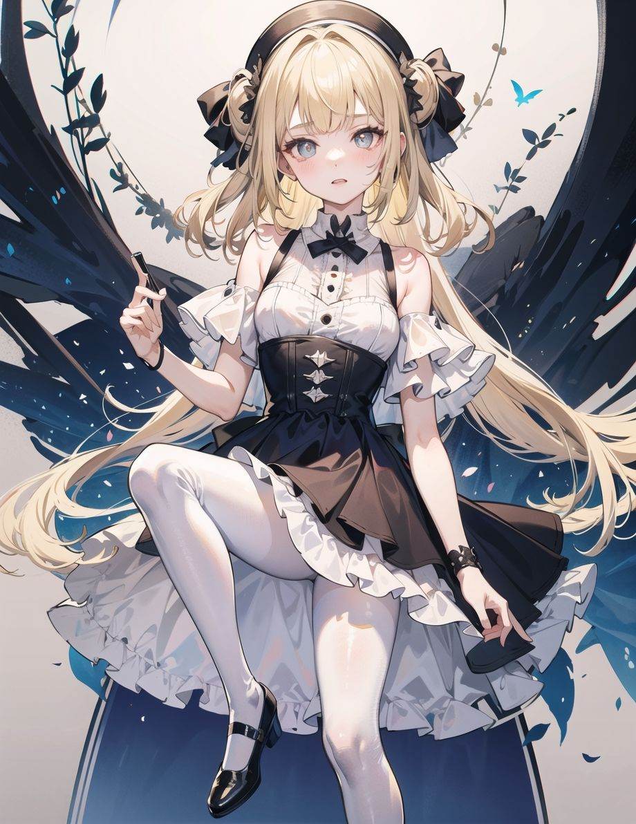1 little loli+ long blonde hair + cute + delicate pupils and nose + stand up + gorgeous colors + slip dress + white tights + Mary Jane shoes, masterpiece, best quality