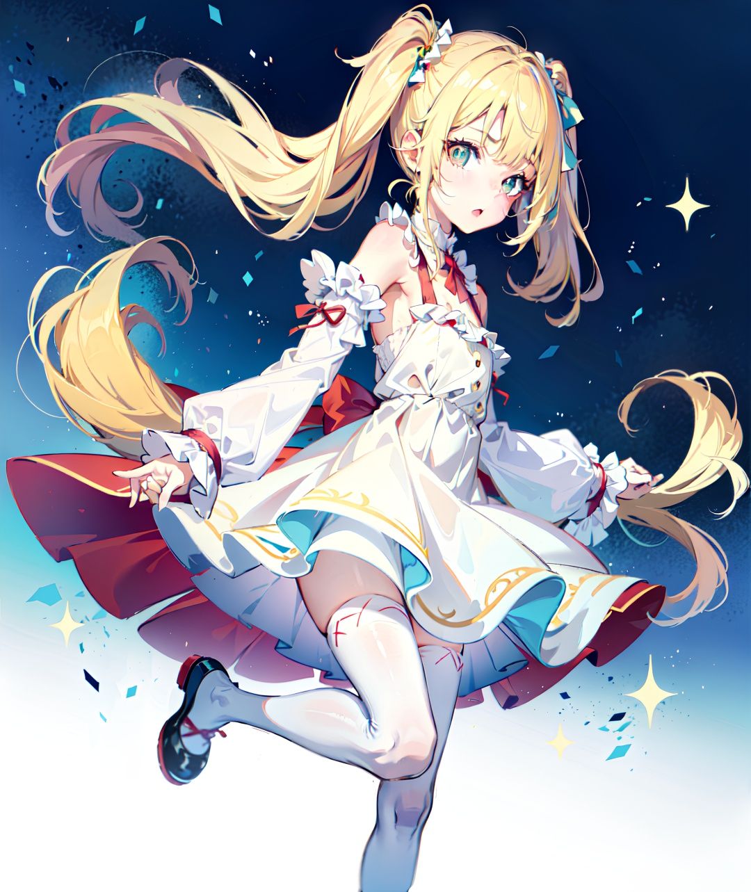 1 little loli+ long blonde hair + cute + delicate pupils and nose + stand up + gorgeous colors + slip dress + white tights + Mary Jane shoes