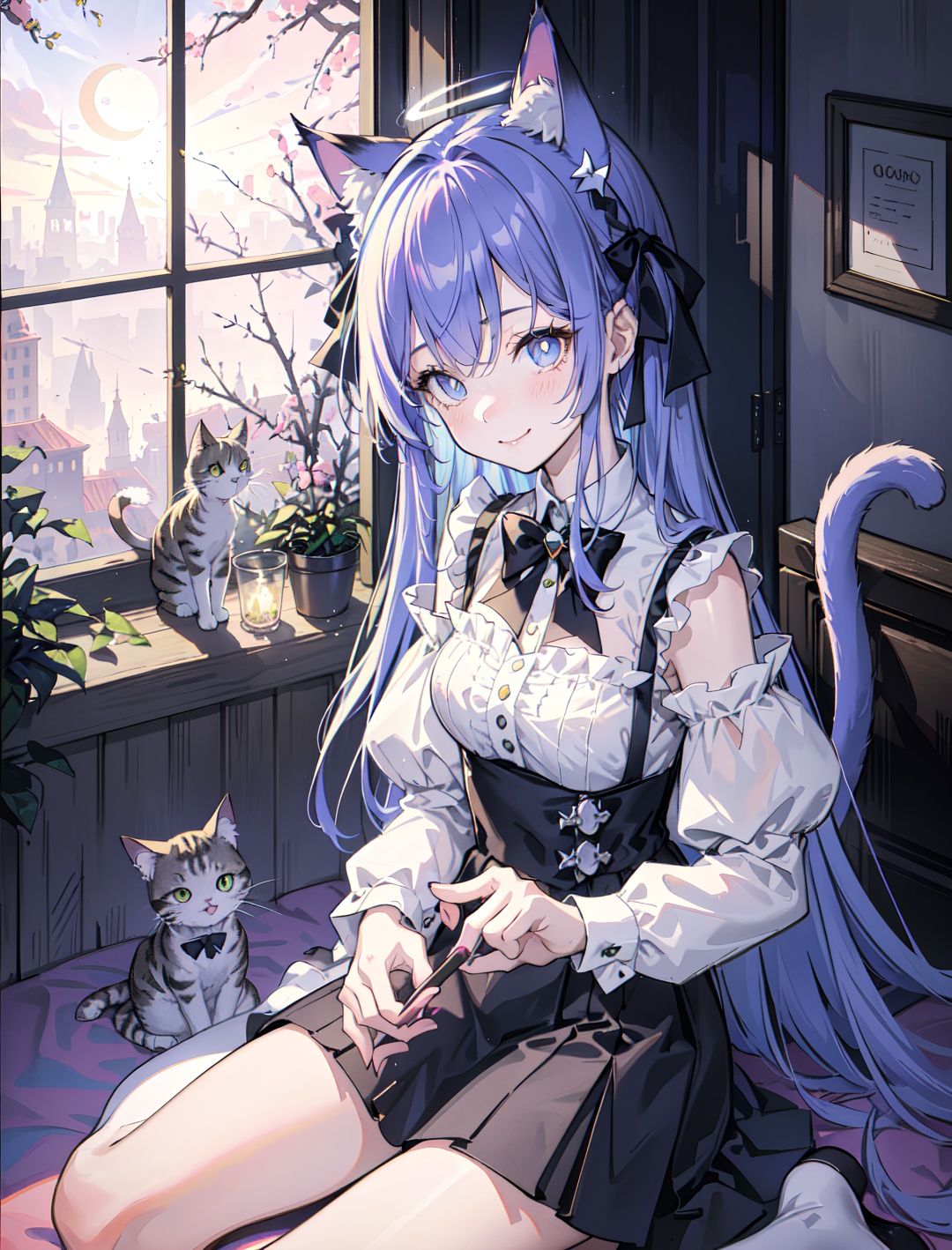 Extremely high resolution +1 girl + cat ears + delicate pupils and nose + cat claw posture + selling cute + sitting on the ground + colorful long hair + girl's room +8k+ lens halo +/+ night + moonlight lighting the window + Smile + best quality + cat tail