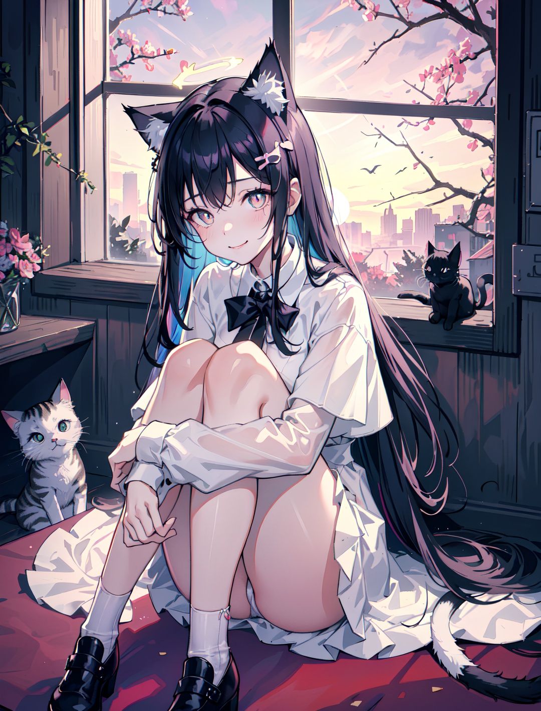 Extremely high resolution +1 girl + cat ears + delicate pupils and nose + cat claw posture + selling cute + sitting on the ground + colorful long hair + girl's room +8k+ lens halo +/+ night + moonlight lighting the window + Smile + best quality + cat tail