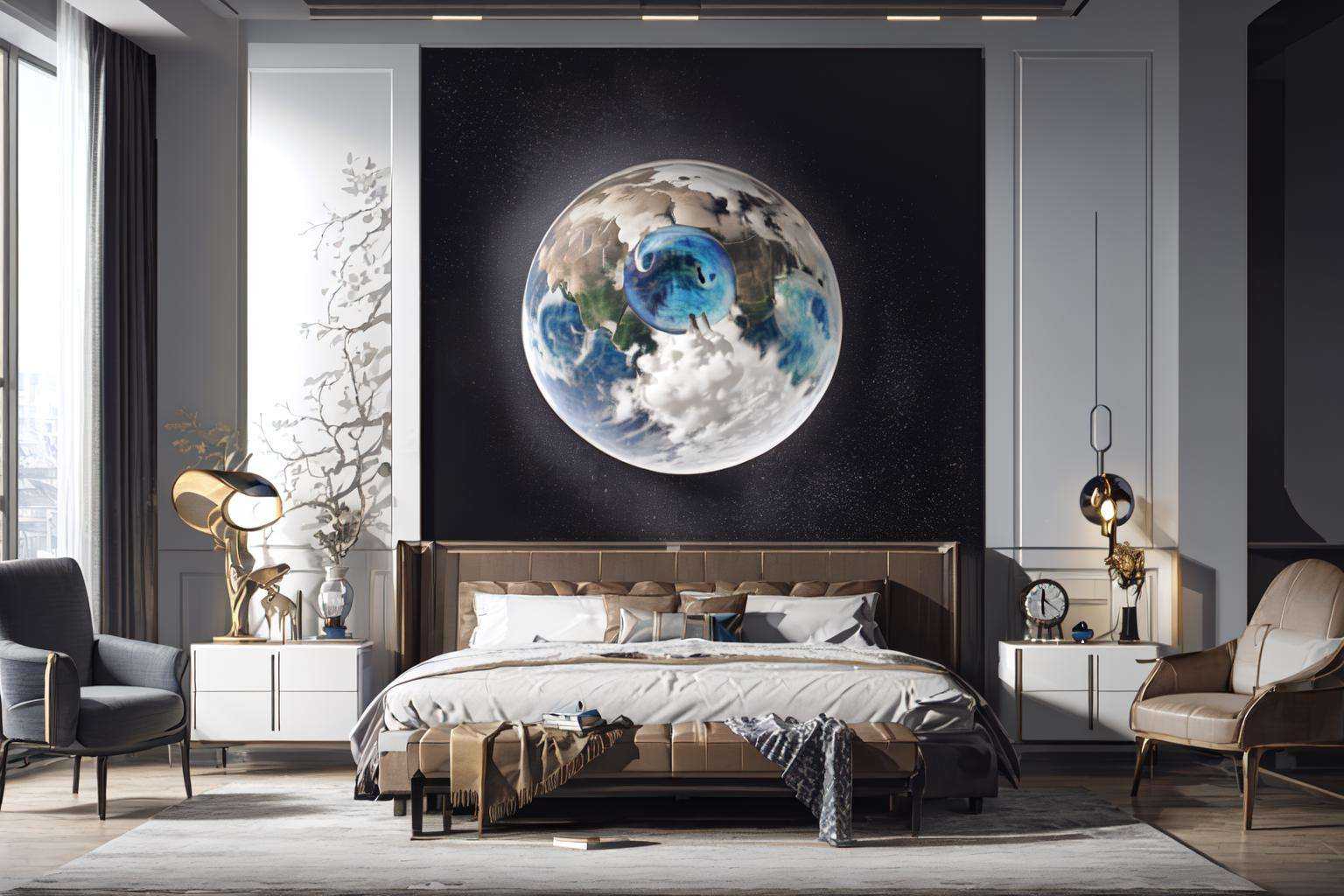 (masterpiece, best quality, high quality, real, realistic, super detailed,full detail,4k,8k),NYModernBedroom, no humans, scenery, window, indoors, table, lamp, book, globe, bed, pillow, chair, plant, wooden floor, cup, mirror, vase, clock, sky, carpet, couch, shelf, box <lora:ModernBedroom-000012:0.8>