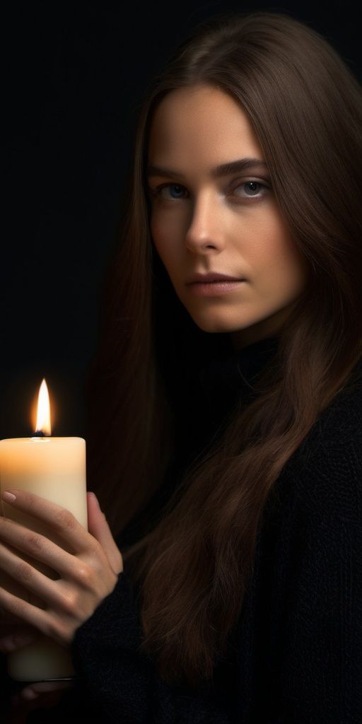 realistic,  woman with long hair and a black sweater is holding a candle in her hand and looking at the camera on Tensor.Art