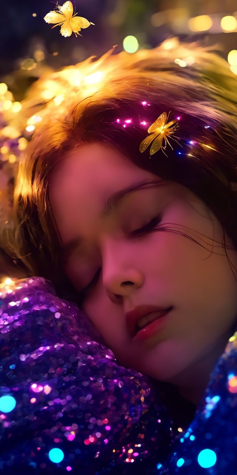 realstic,  fairy sleeping in the metro sequins fireflies,  Xxmix_Catecat on Tensor.Art