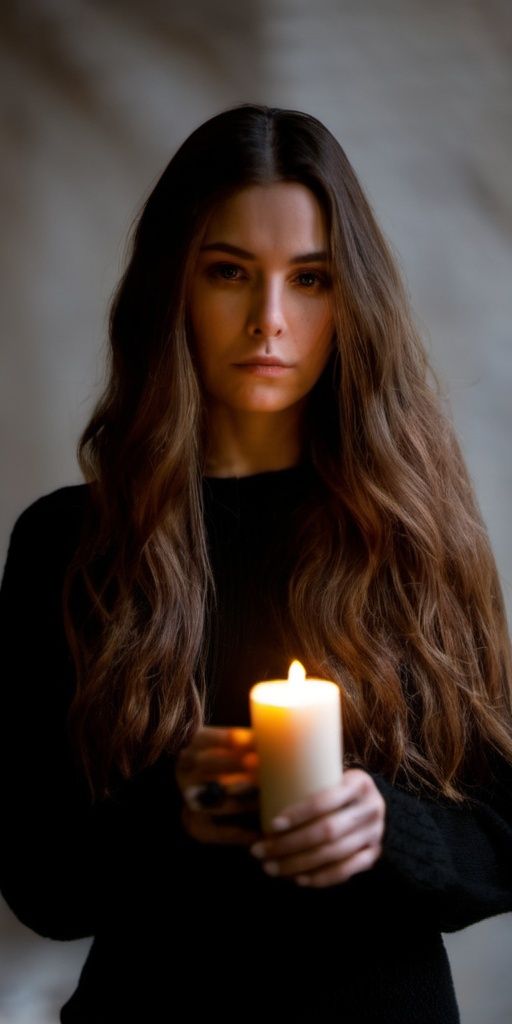 realstica,  woman with long hair and a black sweater is holding a candle in her hand and looking at the camera on Tensor.Art