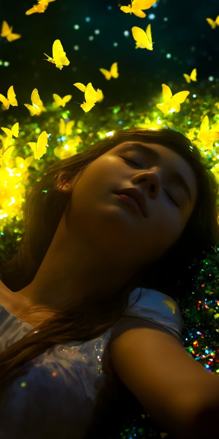 realstic,  fairy sleeping in the metro sequins fireflies,  Xxmix_Catecat on Tensor.Art