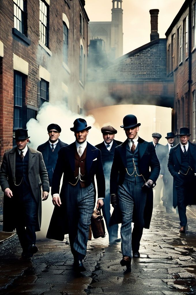 realstic,  color photo of "Peaky Blinders" A gritty portrait of the Shelby family,  their faces masked by shadows on Tenso...