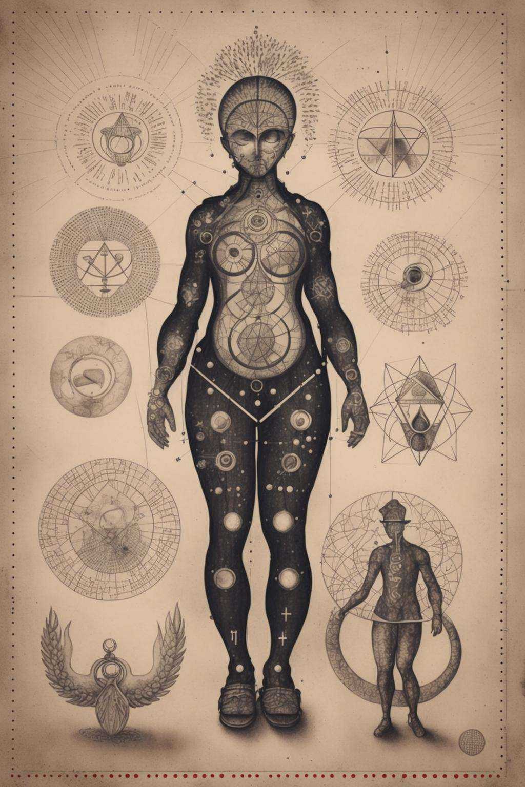 a drawing of a person with a lot of things on it on Tensor.Art