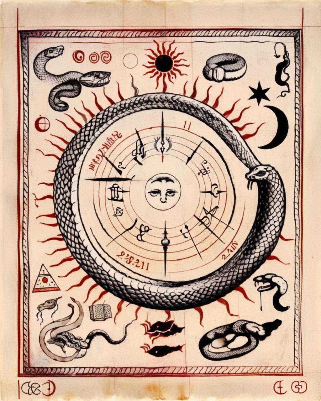 An evocative drawing presents a sun,  moon,  and snake interwoven in a dance of symbolism on Tensor.Art