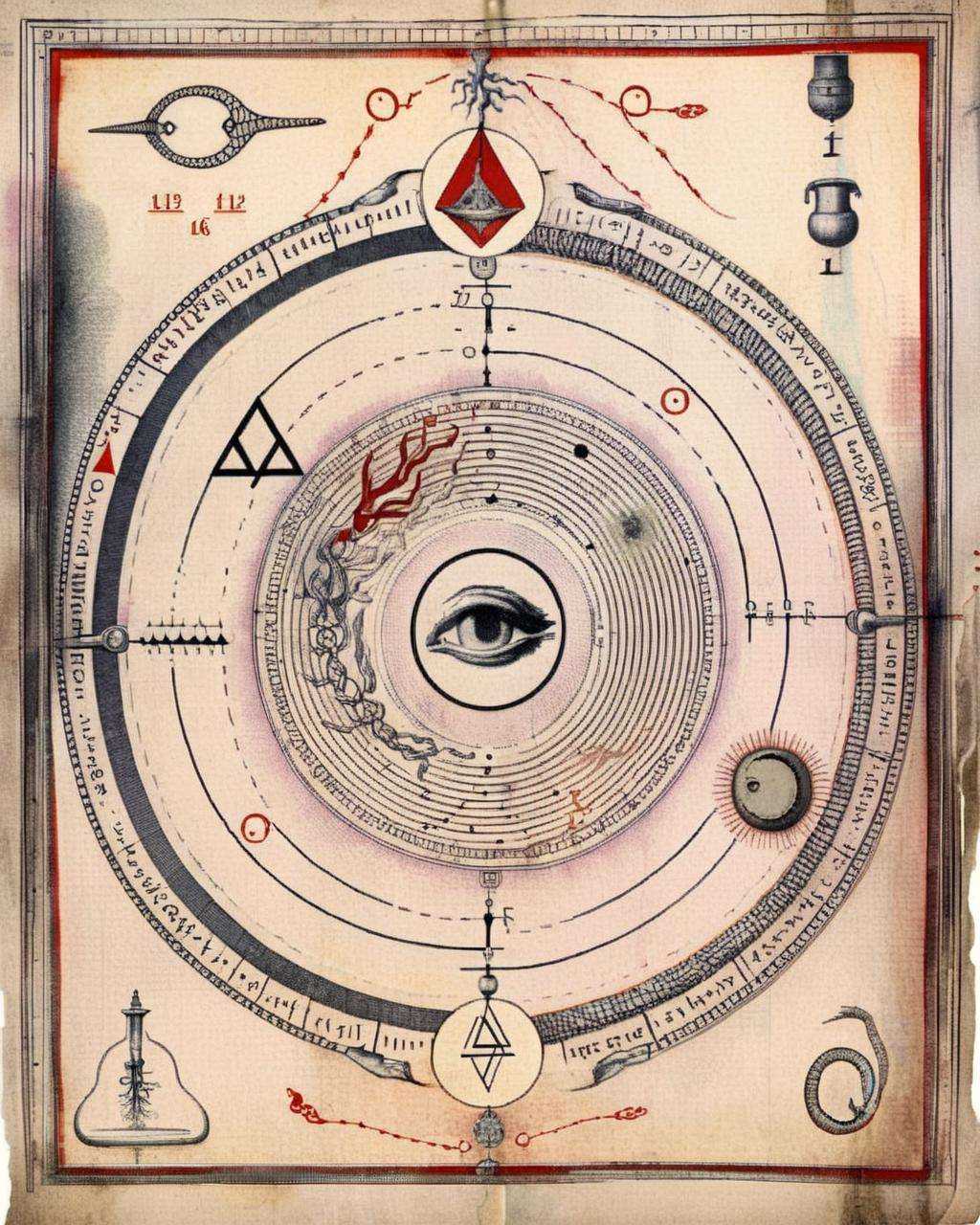 The alchemical page displays an intricate ouroboros design,  symbolizing the cyclical nature of existence and echoing the...