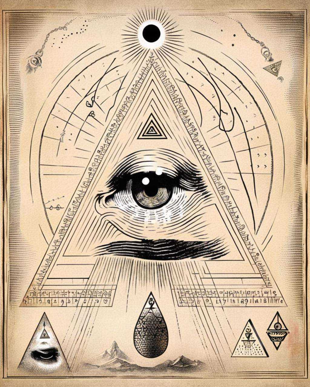 An enigmatic triangle encapsulates an eye within,  inviting contemplation of the mystic significance of the all-seeing eye...