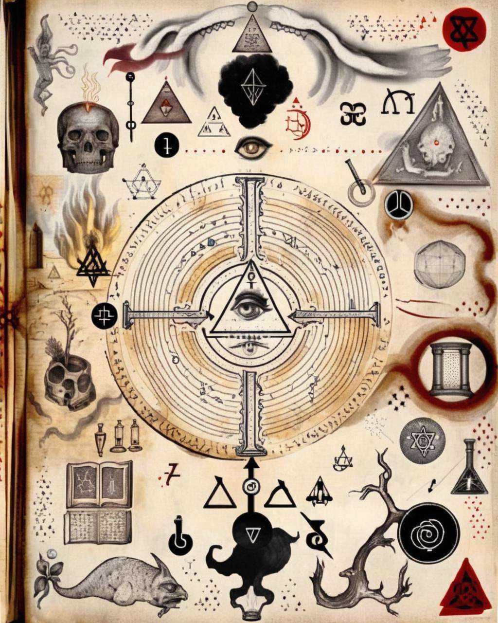An enigmatic alchemy magic book page is adorned with cryptic symbols and mystical sigils,  offering glimpses into the hidd...