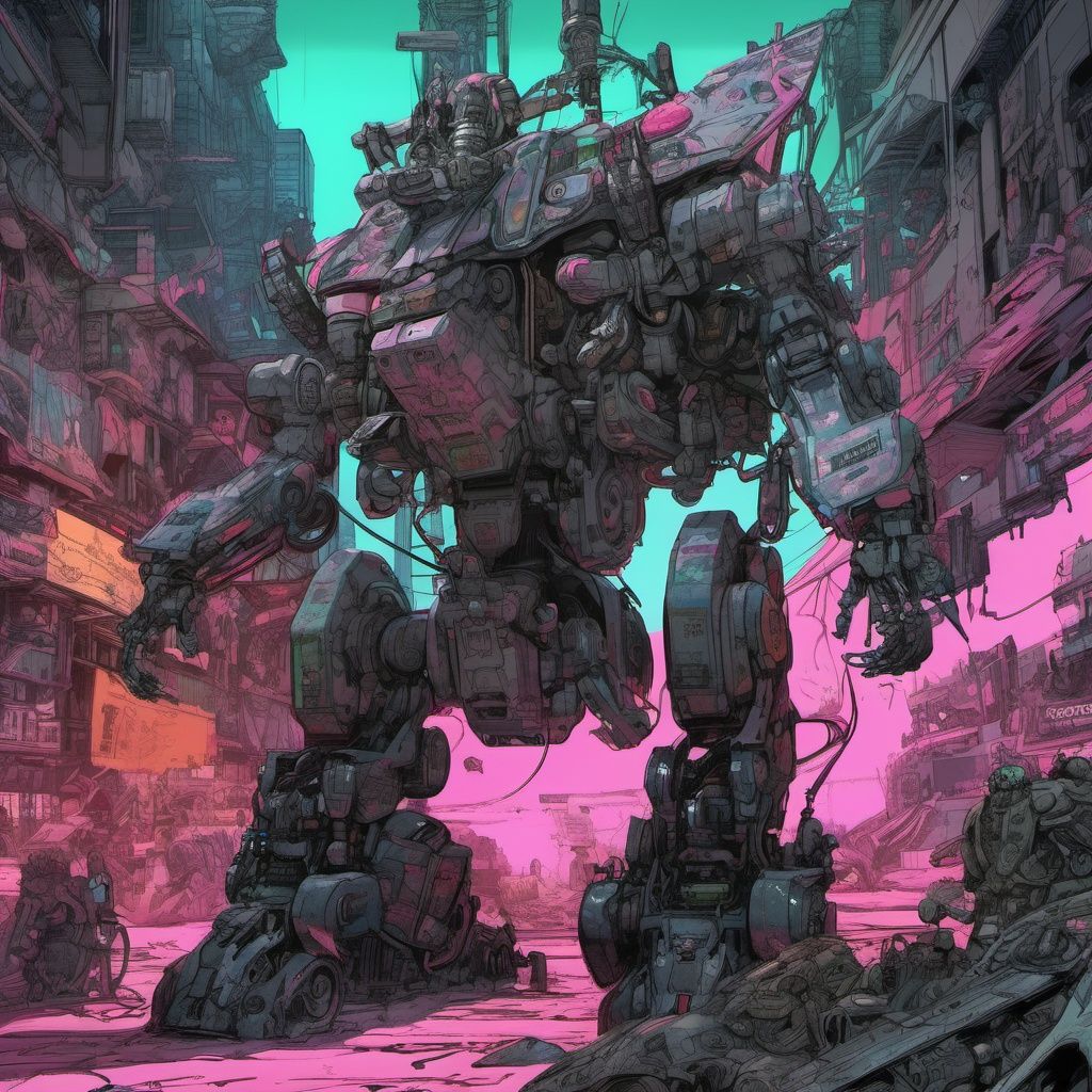 SIMON BISLEY STYLE, geof darrow style, horror, D.Va GIRL SITTING ON ROBOT, destroying humans, yoji shinkawa style, wasteland, hyper detailed, neon ambiance, abstract black oil, gear mecha, detailed acrylic, grunge, intricate complexity, rendered in unreal engine, isometric, digital art, smog, pollution, toxic waste, chimneys and railroads, 3 d render, octane render, volumetrics, by greg rutkowski