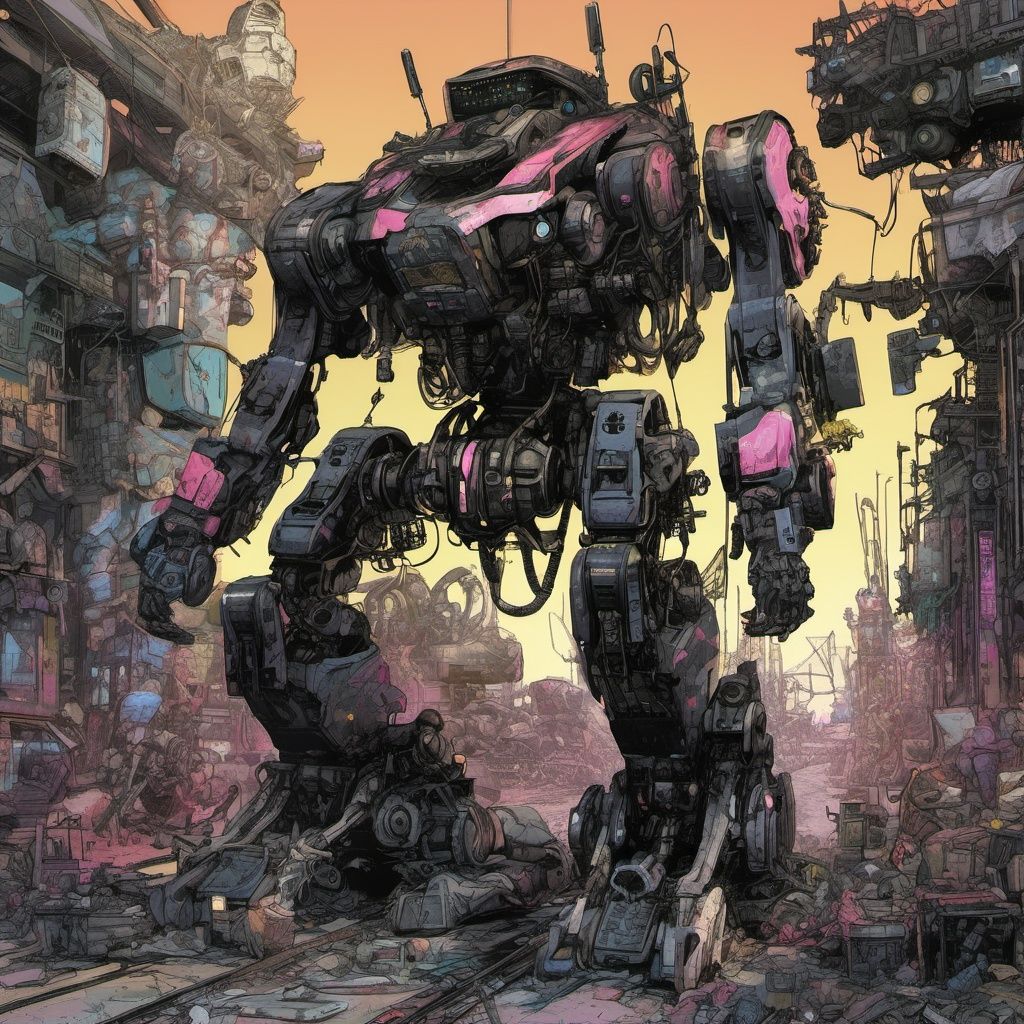 SIMON BISLEY STYLE, geof darrow style, horror, D.Va GIRL SITTING ON ROBOT, destroying humans, yoji shinkawa style, wasteland, hyper detailed, neon ambiance, abstract black oil, gear mecha, detailed acrylic, grunge, intricate complexity, rendered in unreal engine, isometric, digital art, smog, pollution, toxic waste, chimneys and railroads, 3 d render, octane render, volumetrics, by greg rutkowski