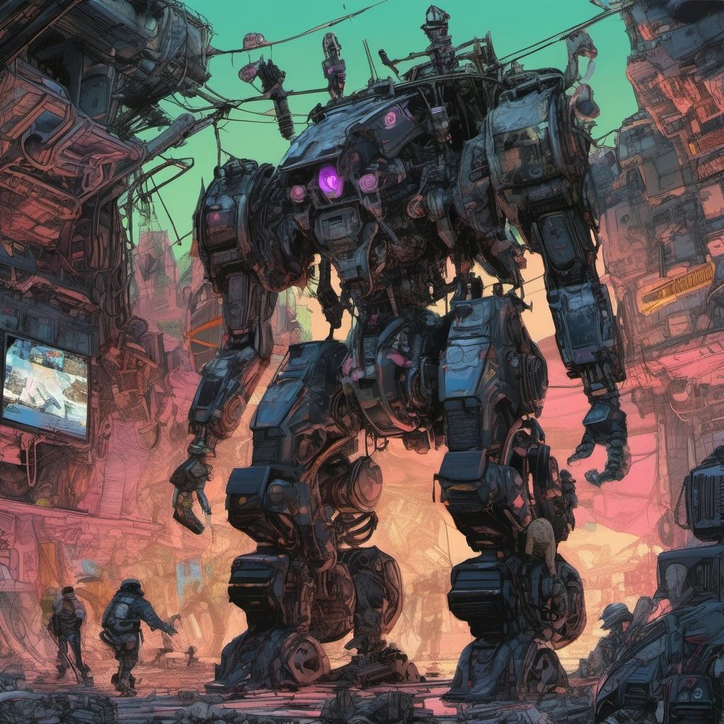 SIMON BISLEY STYLE, geof darrow style, horror, D.Va GIRL SITTING ON ROBOT, destroying humans, yoji shinkawa style, wasteland, hyper detailed, neon ambiance, abstract black oil, gear mecha, detailed acrylic, grunge, intricate complexity, rendered in unreal engine, isometric, digital art, smog, pollution, toxic waste, chimneys and railroads, 3 d render, octane render, volumetrics, by greg rutkowski