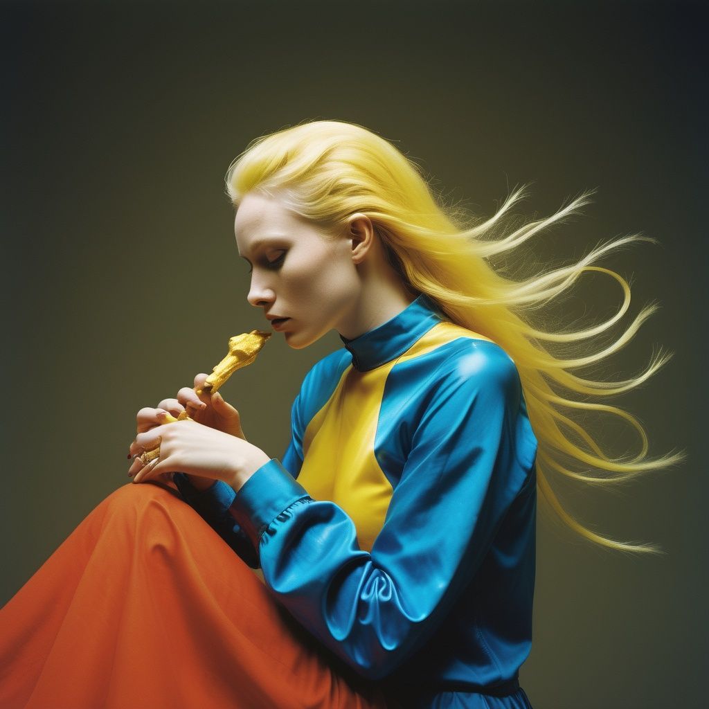 aw0k magnstyle, (best quality) , (masterpiece) , Primary Colors, overlapping compositions, Albumen, Kodak Ektar, Fearful, CMYK Colors, Lonely, Sleek (woman:1.1) , Playing in a band, Gold hair, Iridescent color grading, Saturated, Hopeless, Disgusting, four colors, 
