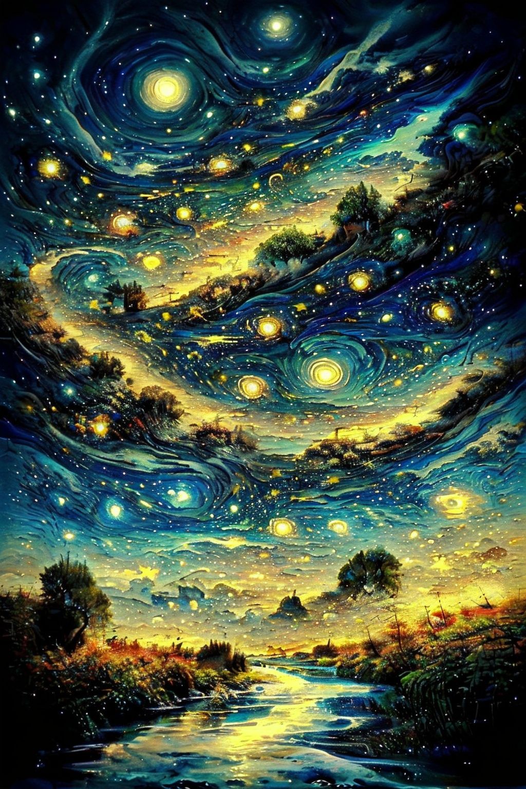 <lora:EpicArt-000008:0.8>, EpicArt, outdoors, sky, cloud, water, tree, no_humans, night, traditional_media, cloudy_sky, star_(sky), nature, night_sky, scenery, starry_sky, 