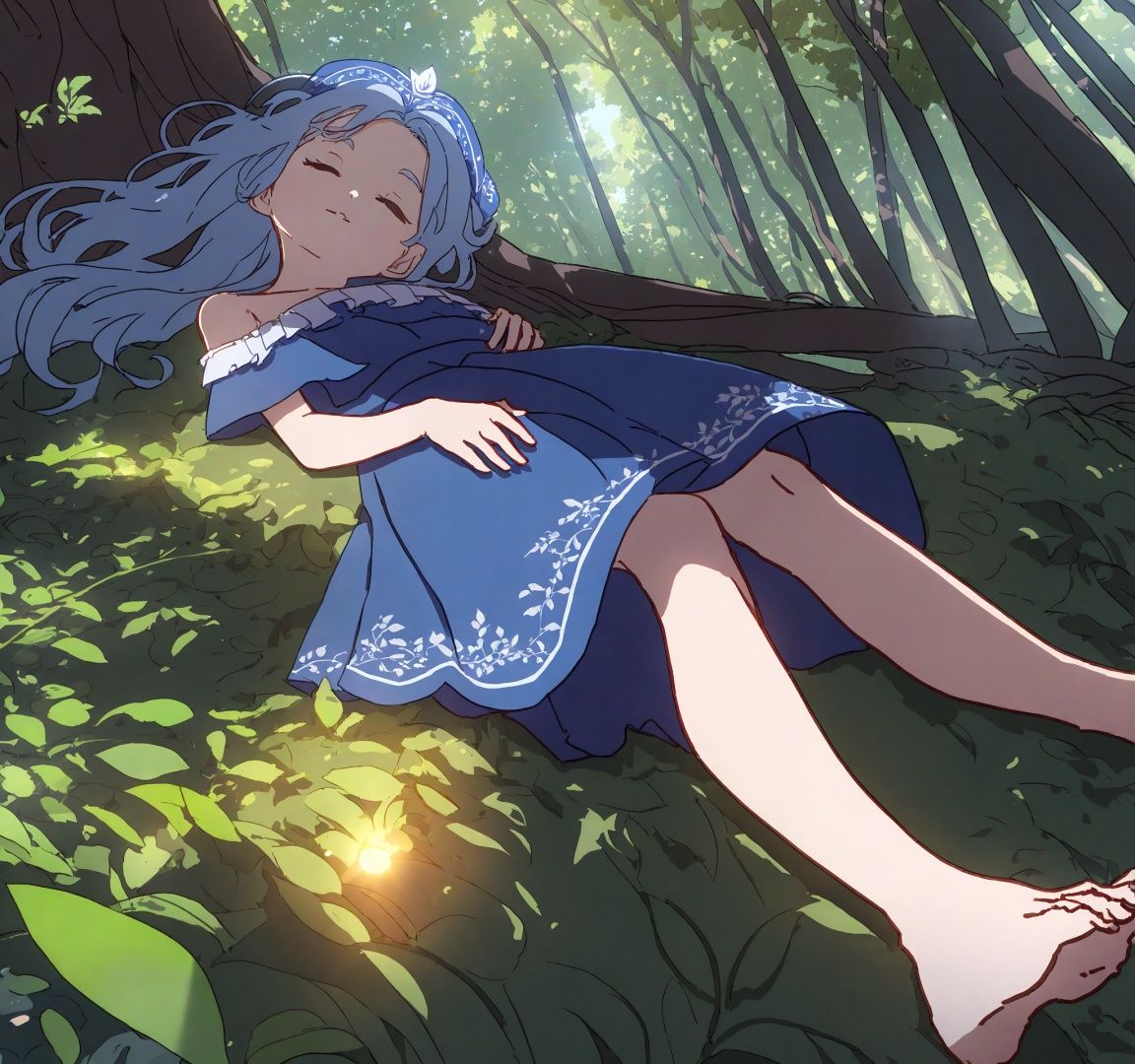 (best quality:1.2),(masterpiece:1.2),(ultra-detailed),(highres),(intricate detail),(extremely detailed CG unity 8k wallpaper),(illustration),original,from above,cinematic angle,cinematic lighting,reality ray tracing,sunlight filtering through trees,close shot,(1girl:1.2),sleeping,young,solo,full body,girl focus,long hair,(azure hair:1.2),headwear,off-shoulder dress,Bare feet,forest,shade,breeze,scattered leaves